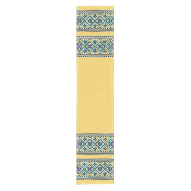Ukrainian traditional vushuvanka folk pattern blue short table runner (Front)