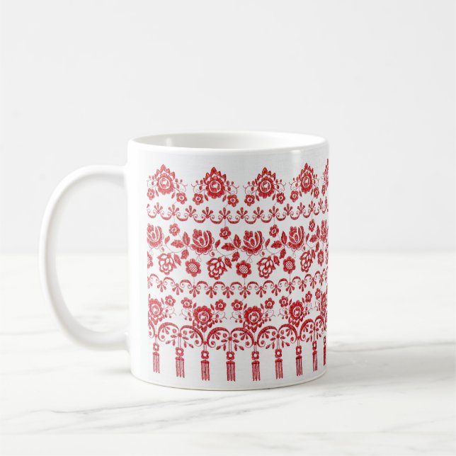 Ukrainian traditional vushuvanka folk pattern red coffee mug (Left)