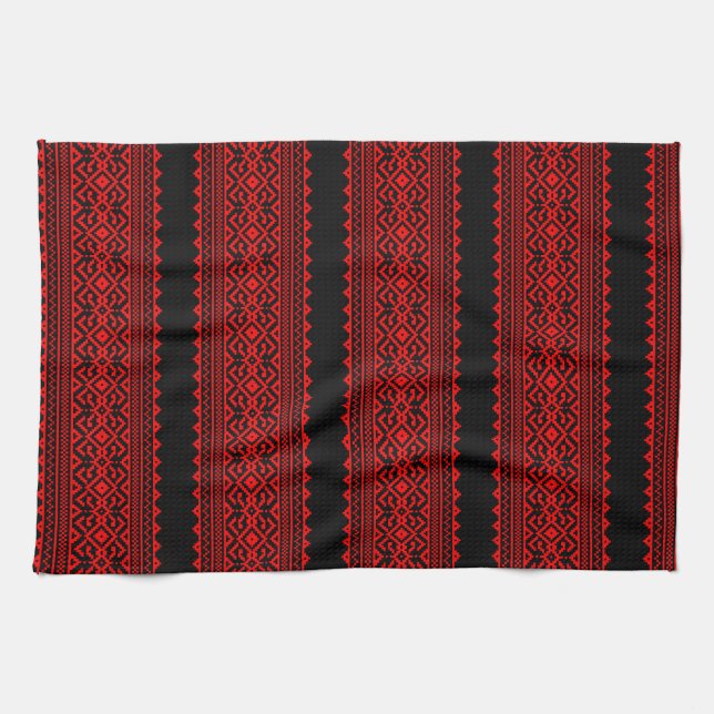 Ukrainian traditional vushuvanka folk pattern red tea towel (Horizontal)