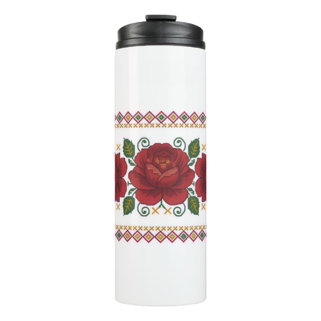 Ukrainian traditional vushuvanka folk pattern rose thermal tumbler (Front)