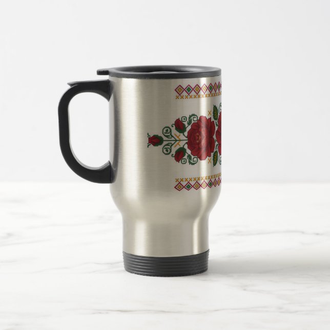 Ukrainian traditional vushuvanka folk pattern rose travel mug (Left)