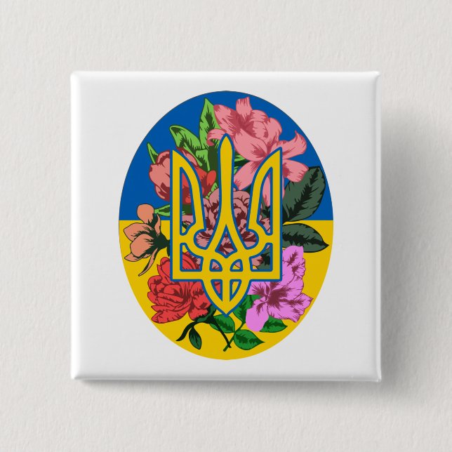 Ukrainian trident and flag of Ukraine with flowers 15 Cm Square Badge (Front)