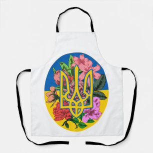 Ukrainian trident and flag of Ukraine with flowers Apron