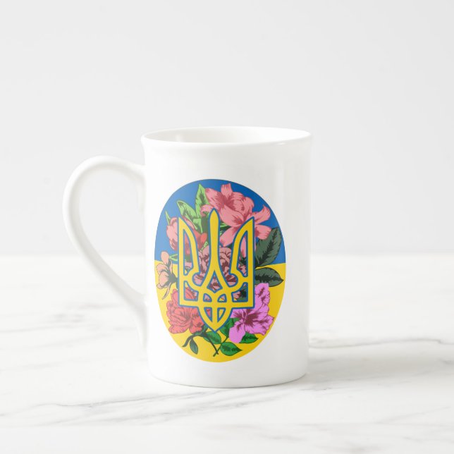 Ukrainian trident and flag of Ukraine with flowers Bone China Mug (Left)