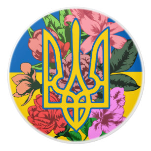 Ukrainian trident and flag of Ukraine with flowers Ceramic Knob