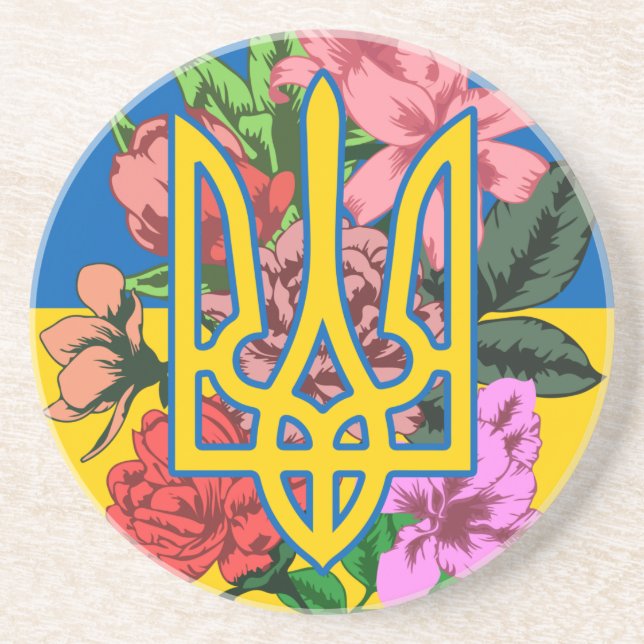 Ukrainian trident and flag of Ukraine with flowers Coaster (Front)