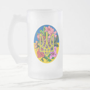 Ukrainian trident and flag of Ukraine with flowers Frosted Glass Beer Mug