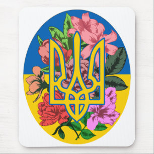Ukrainian trident and flag of Ukraine with flowers Mouse Mat