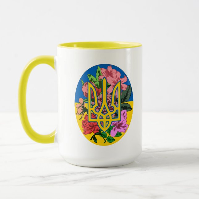 Ukrainian trident and flag of Ukraine with flowers Mug (Left)