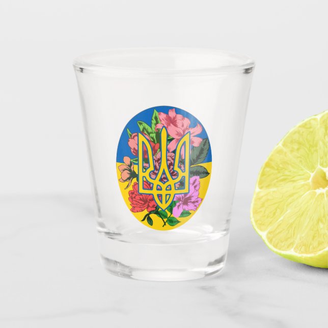 Ukrainian trident and flag of Ukraine with flowers Shot Glass (Front)