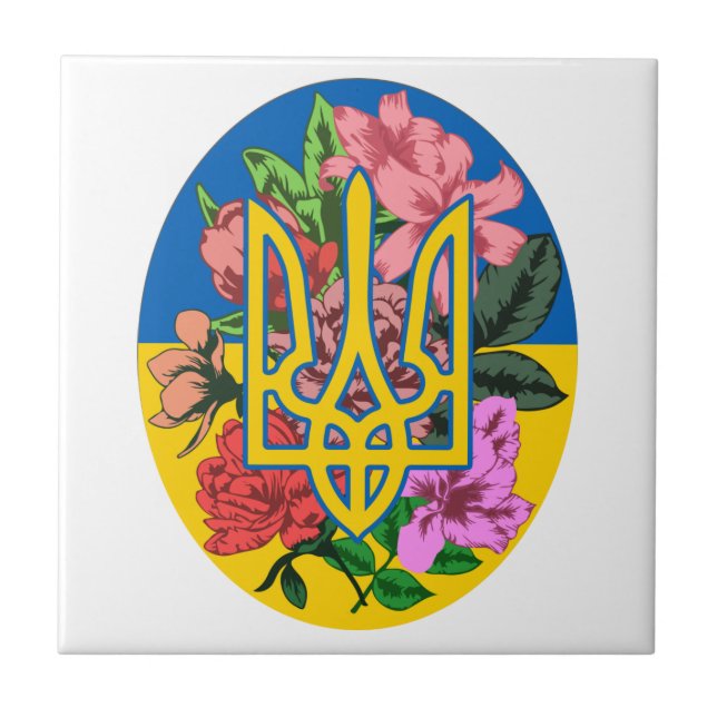 Ukrainian trident and flag of Ukraine with flowers Tile (Front)