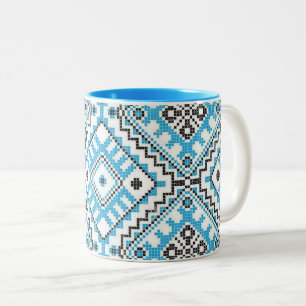 Ukrainian Vyshyvanka Blue Geometric Embroidery Mug