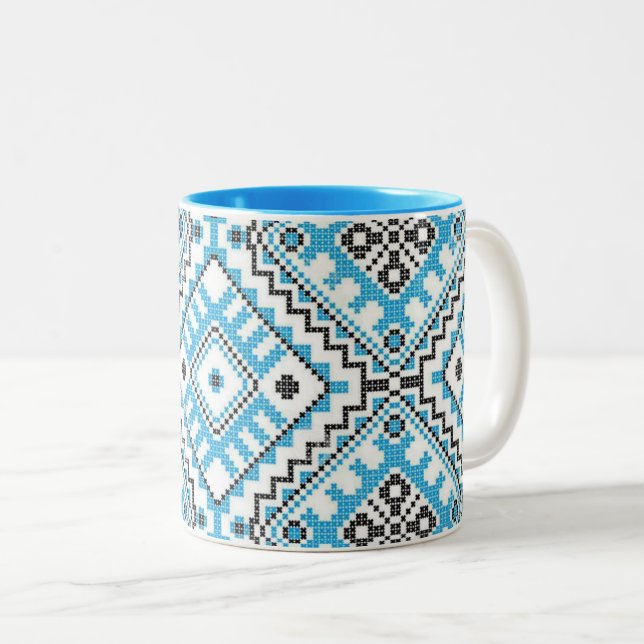 Ukrainian Vyshyvanka Blue Geometric Embroidery Mug (Front Right)