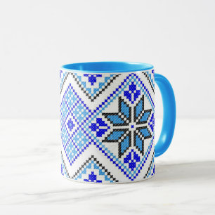 Ukrainian Vyshyvanka Blue Geometric Embroidery Mug