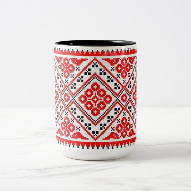 Ukrainian Vyshyvanka Embroidery Red Suns Mug (Center)