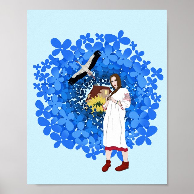 Ukrainian woman, Stork and flowers Poster (Front)