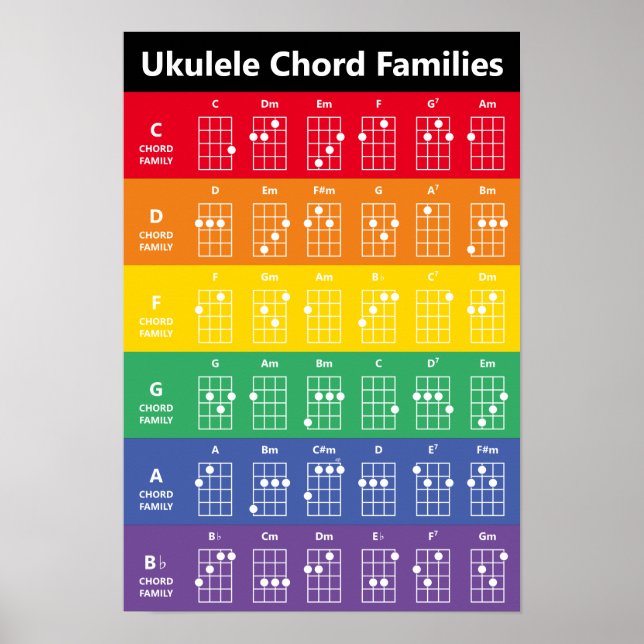Ukulele Chord Families Rainbow/White Fun Reference Poster (Front)
