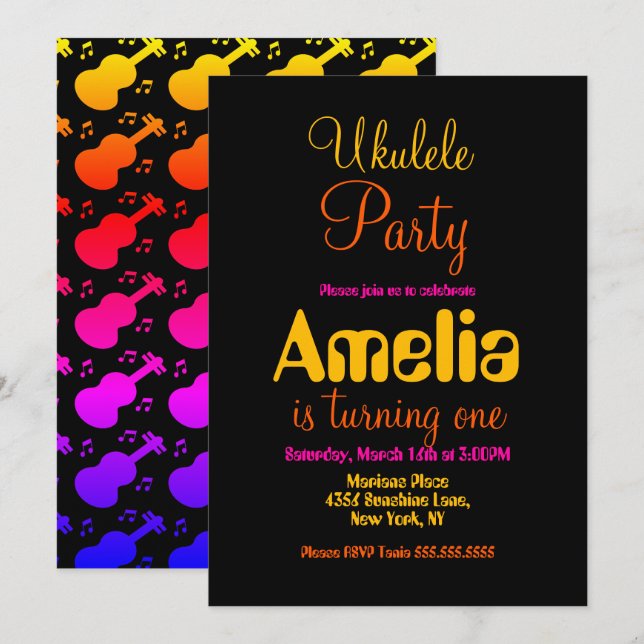 Ukulele Colourful Guitar Music Birthday    Invitation (Front/Back)
