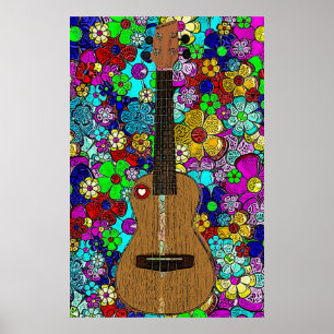 Ukulele with Groovy Hip Flowers and Heart Poster
