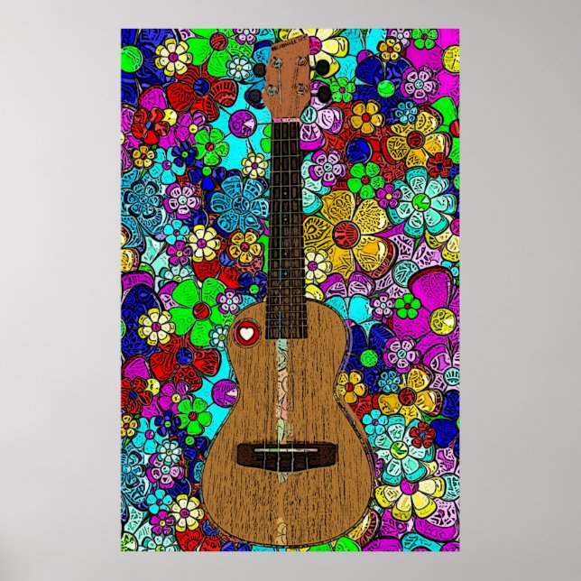 Ukulele with Groovy Hip Flowers and Heart Poster (Front)