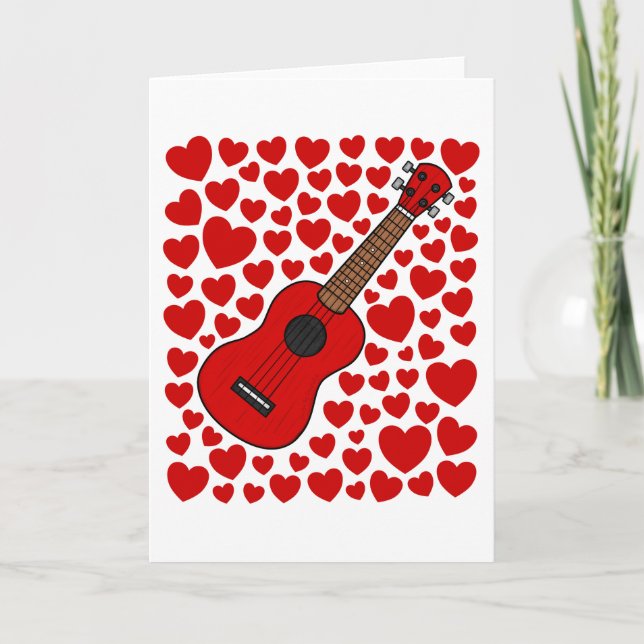 Ukulele With Hearts Valentines Anniversary Card (Front)