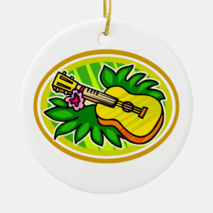 Ukulele With Leaves and Flower Circle , Yellow Ceramic Tree Decoration