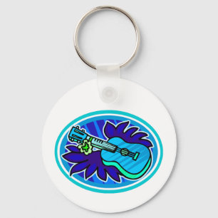 Ukulele with leaves and flowers circle, blue key ring