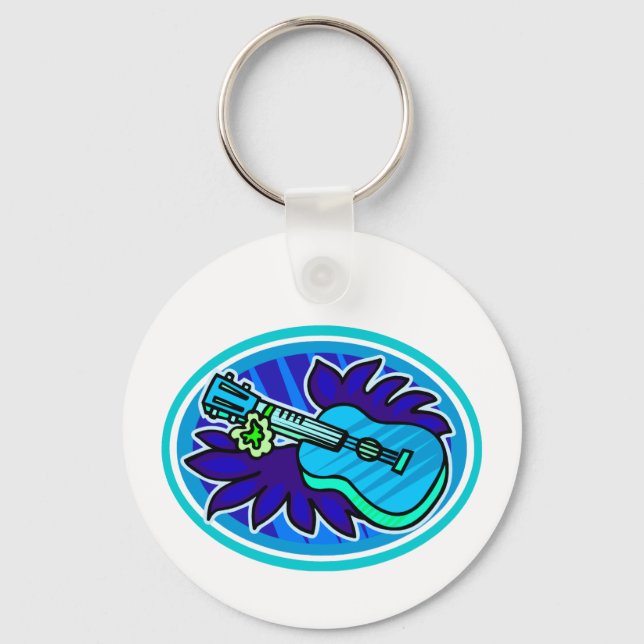 Ukulele with leaves and flowers circle, blue key ring (Front)