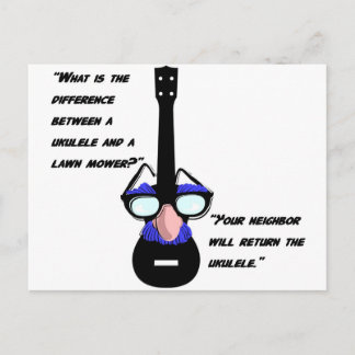 Ukuleles and lawnmowers postcard