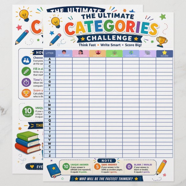 Ultimate Categories Challenge Printable Game Custom Letterhead (Front/Back)