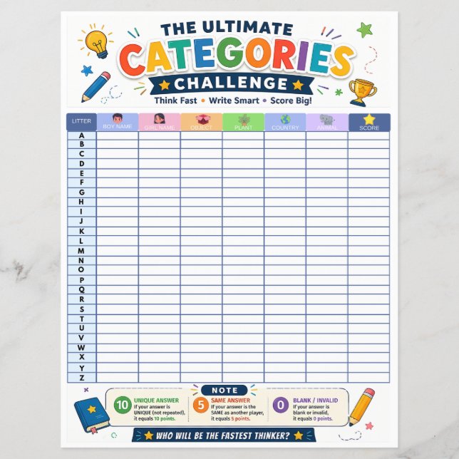 Ultimate Categories Challenge Printable Game Flyer (Front)