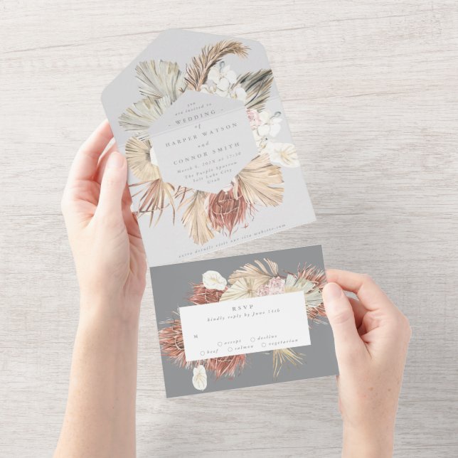 Ultimate Floral Pampas Grass Grey Tropical Jungle All In One Invitation (Tearaway)