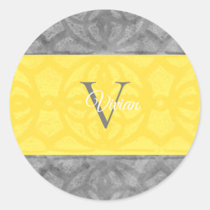 Ultimate Grey and illuminating Yellow Monogram Thr Classic Round Sticker
