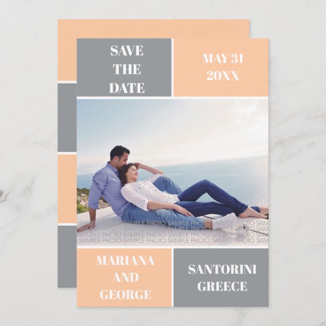 Ultimate grey and peach colour block wedding save the date (Front/Back)