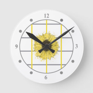 Ultimate Grey Illuminating Yellow Check Sunflower Round Clock