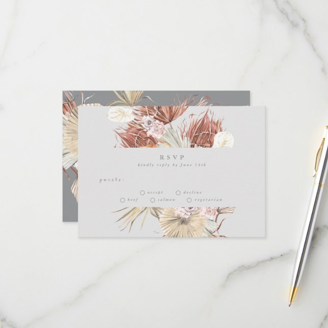Ultimate Grey Pampas Grass Floral Jungle Wedding RSVP Card (Front/Back In Situ)