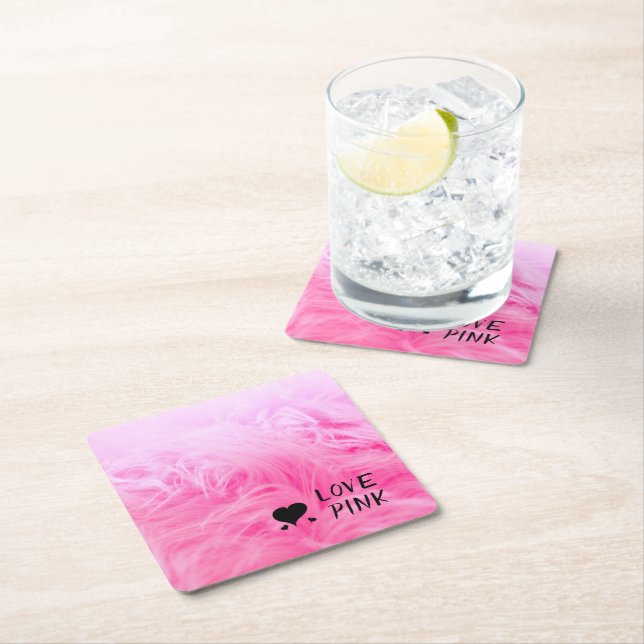 Ultimate Hot Pink Fuzzy Faux Fur Square Paper Coaster (Insitu)