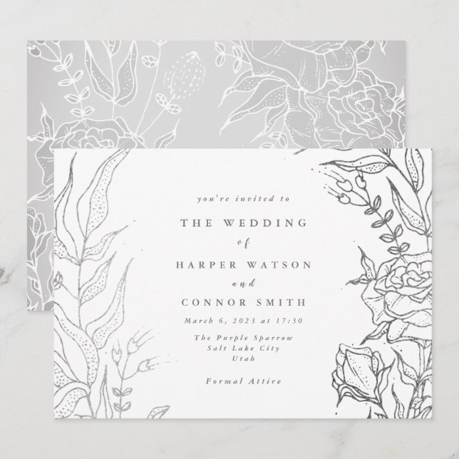 Ultimate Rose Grey Silver Elegant Floral Wedding Invitation (Front/Back)