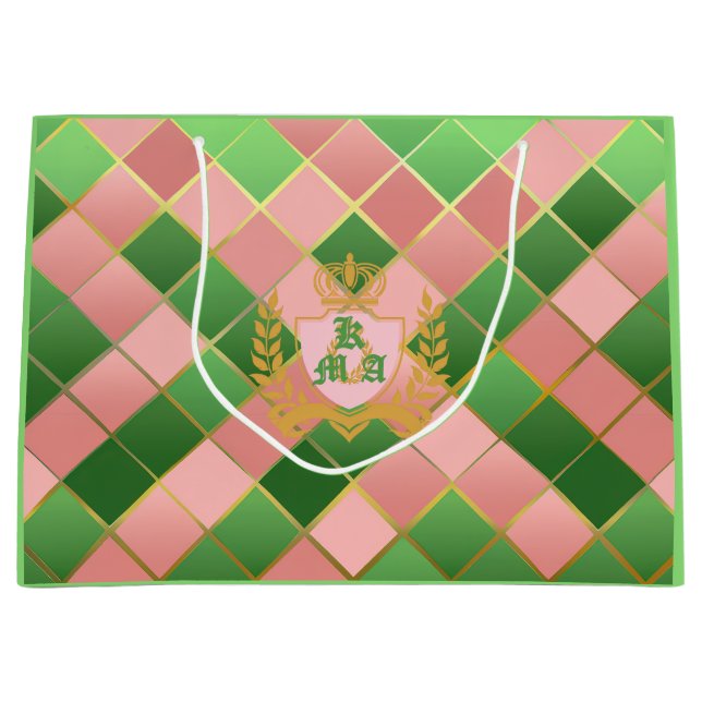 Ultra Chic Preppy Pink Green Argyle Monogram Crest Large Gift Bag (Front)