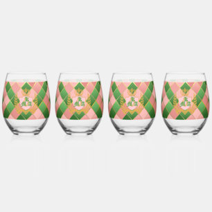 Ultra Chic Preppy Pink Green Argyle Monogram Crest Stemless Wine Glass