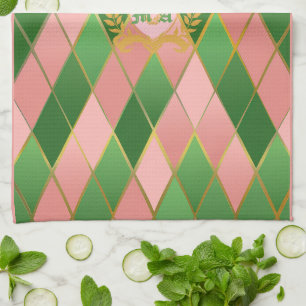 Ultra Chic Preppy Pink Green Argyle Monogram Crest Tea Towel