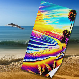 Ultra-Colorful Beach Sunset Waves & Palm Trees Beach Towel