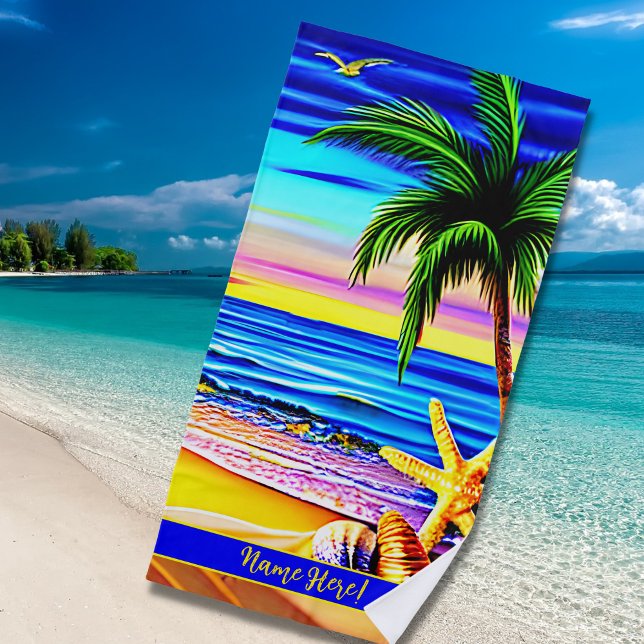 Ultra-Colourful Beach Waves Palm Tree & Starfish Towel (Creator Uploaded)