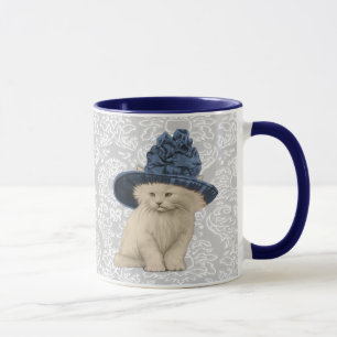 Ultra Cute Vintage Kitty Vintage Hat Mug Damask
