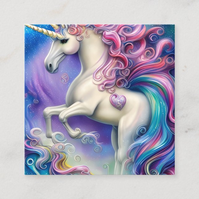 Ultra Detailed Cute Whimsical Fairytale Unicorn Ho Square Business Card (Front)