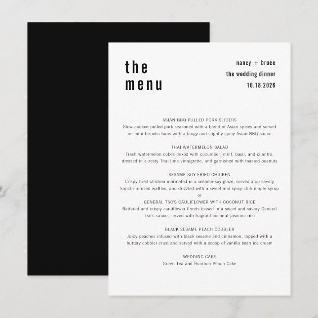 Ultra Minimal Stylish Black White Wedding Dinner Menu (Front/Back)