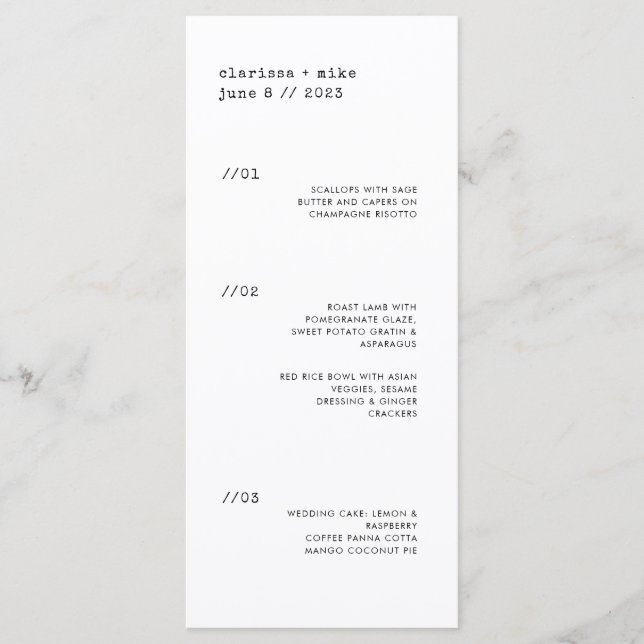 Ultra Minimal Vertical Dinner Party Wedding Menu (Front)