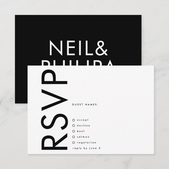 Ultra Modern Big Bold Names Minimalist Wedding RSVP Card (Front/Back)