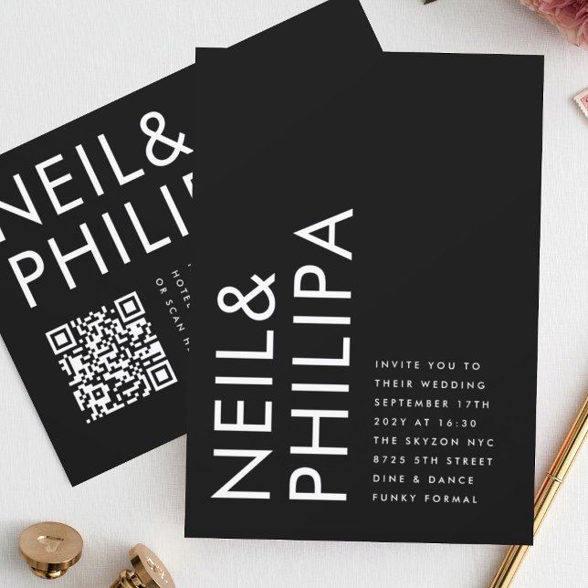 Ultra Modern Bold Names QR CODE RSVP Wedding Invitation (Creator Uploaded)
