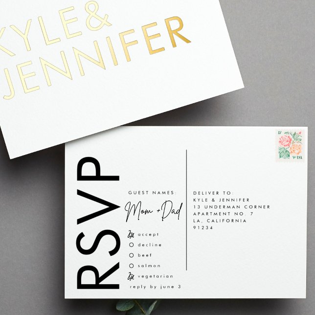 Ultra Modern Bold Names RSVP GOLD FOIL POSTCARD (Creator Uploaded)